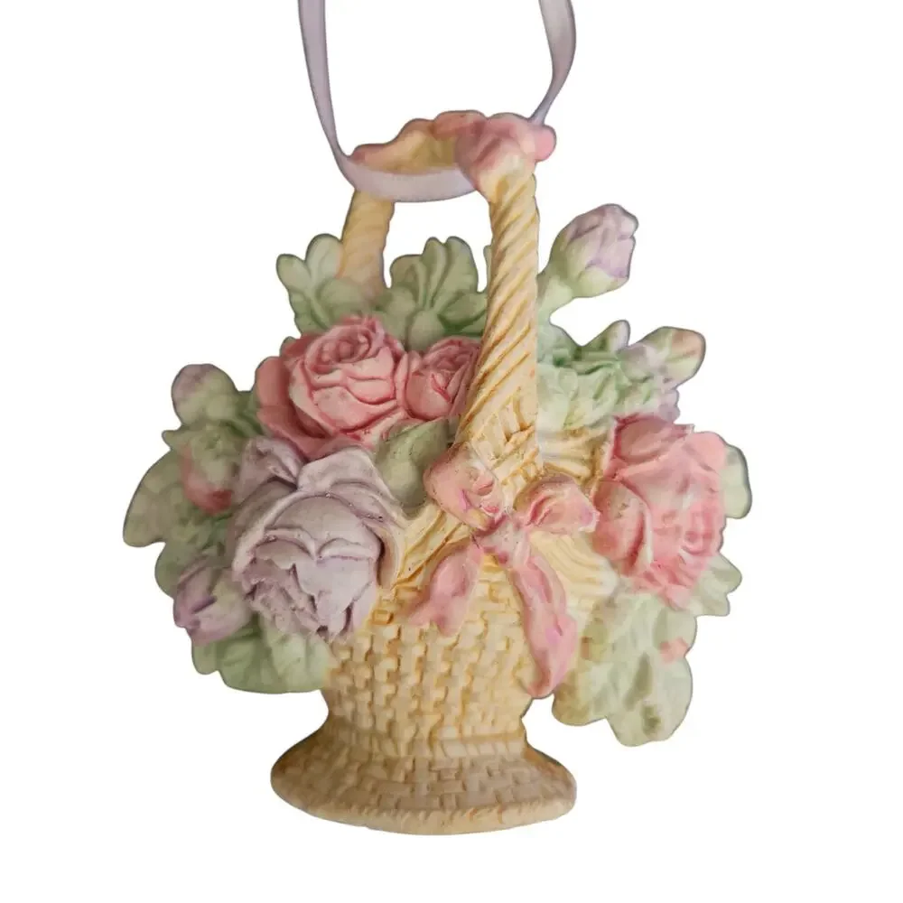 Set of 4 Floral Basket Christmas Ornaments Roses Pastel Victorian Style